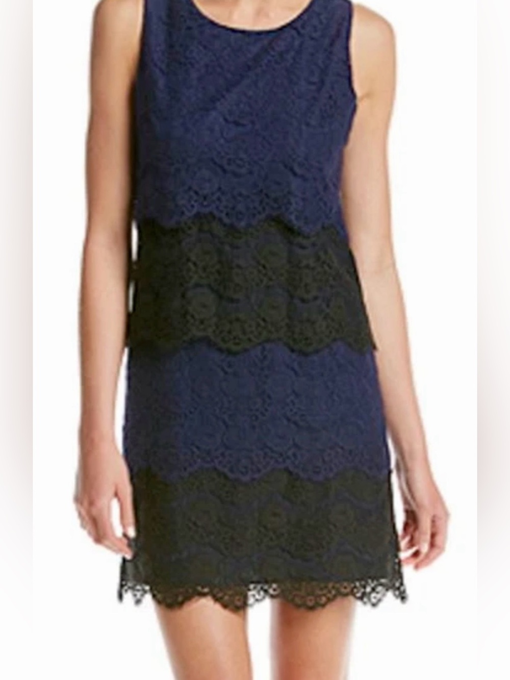 Jessica Simpson Size 10 Navy Black Tiered Lace Sleeveless Cocktail Dress